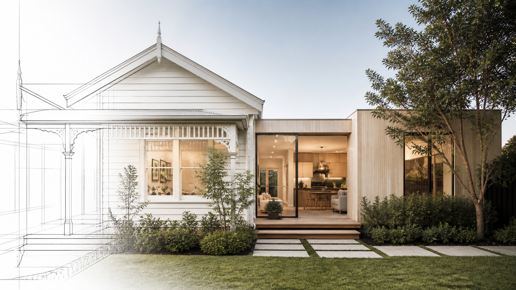 Contemporary alteration to an established Auckland home with architectural plans in the foreground