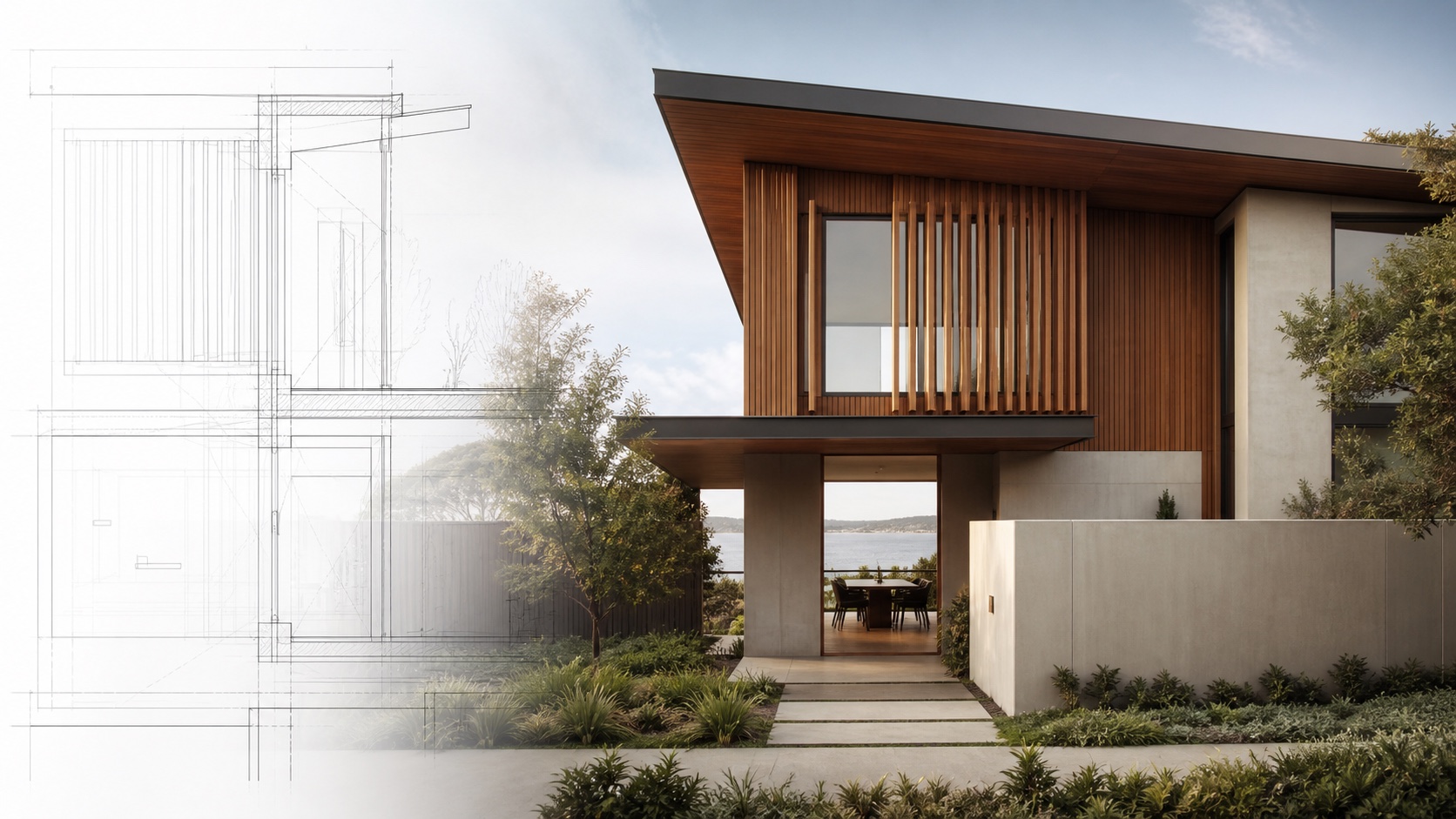 North Shore architectural home transitioning from technical drawing into finished design